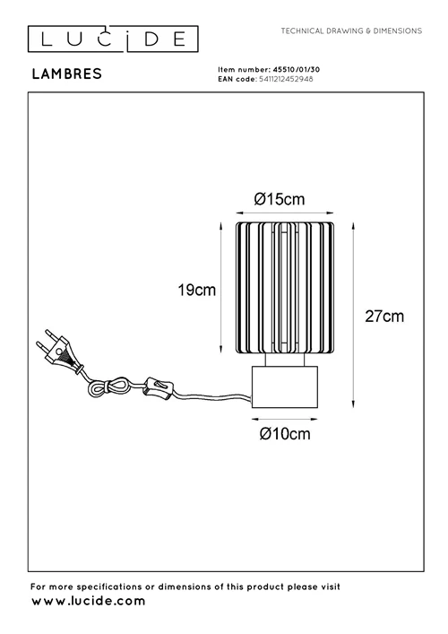 Lucide LAMBRES - Lampe de table - Ø 15 cm - 1xE27 - Noir - technique